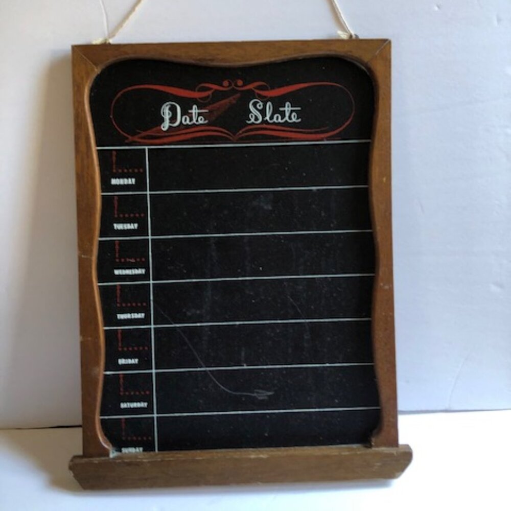 Vintage 1960s DATE SLATE Blackboard and Wood Appointment Tracker Fun Retro Chalk